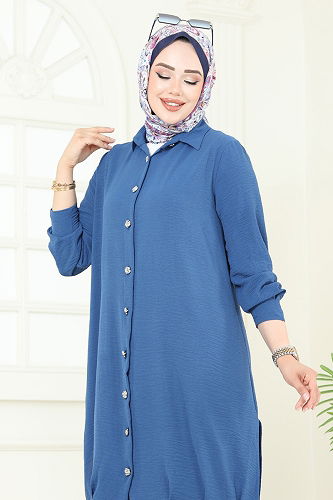 moda selvim Bağcık Detaylı Tesettür Takım 389DVL817 İndigo - Thumbnail