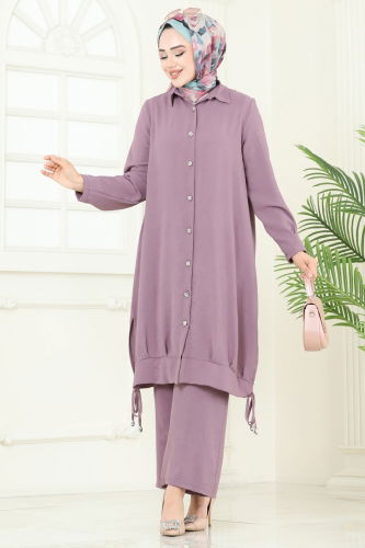moda selvim Bağcık Detaylı Tesettür Takım 389DVL817 Koyu Lila - Thumbnail