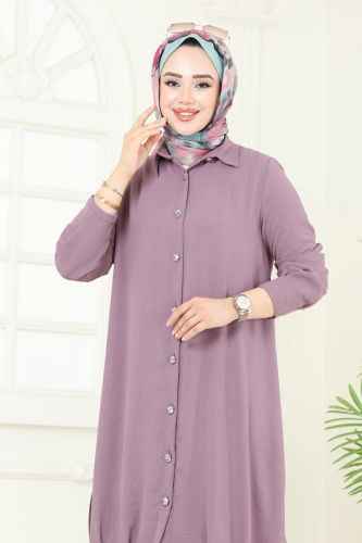 moda selvim Bağcık Detaylı Tesettür Takım 389DVL817 Koyu Lila - Thumbnail