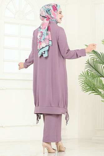 moda selvim Bağcık Detaylı Tesettür Takım 389DVL817 Koyu Lila - Thumbnail