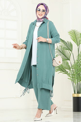 moda selvim Bağcık Detaylı Tesettür Takım 389DVL817 Mint - Thumbnail