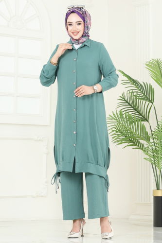 moda selvim Bağcık Detaylı Tesettür Takım 389DVL817 Mint - Thumbnail