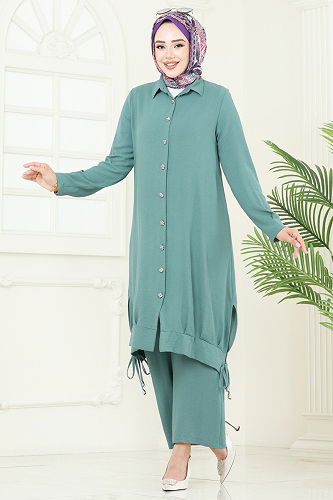 moda selvim Bağcık Detaylı Tesettür Takım 389DVL817 Mint - Thumbnail