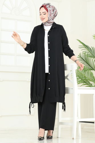 moda selvim Bağcık Detaylı Tesettür Takım 389DVL817 Siyah - Thumbnail
