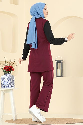 moda selvim Bağcık Taş Detaylı Takım 2750SL432 Bordo - Thumbnail