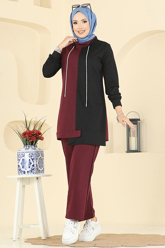 moda selvim Bağcık Taş Detaylı Takım 2750SL432 Bordo - Thumbnail