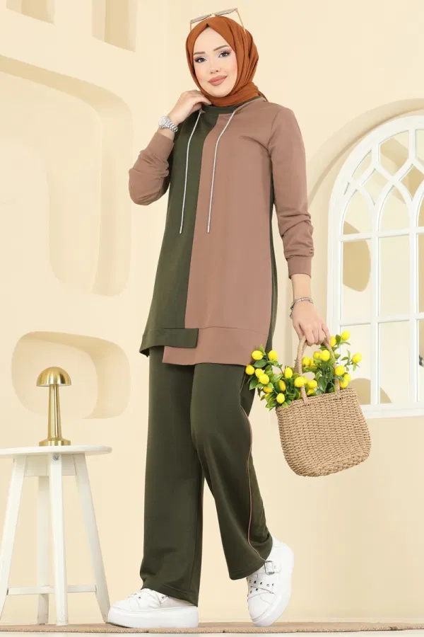 Modaselvim Kombin Bağcık Taş Detaylı Takım 2750SL432 Haki&Koyu Vizyon