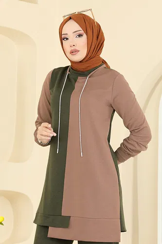 moda selvim Bağcık Taş Detaylı Takım 2750SL432 Haki&Koyu Vizyon - Thumbnail