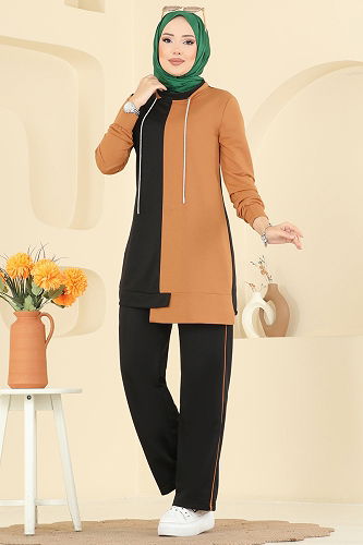 moda selvim Bağcık Taş Detaylı Takım 2750SL432 Hardal&Siyah - Thumbnail