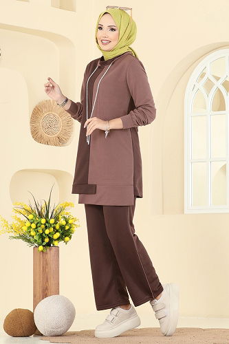 moda selvim Bağcık Taş Detaylı Takım 2750SL432 Kahve - Thumbnail