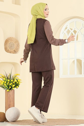 moda selvim Bağcık Taş Detaylı Takım 2750SL432 Kahve - Thumbnail
