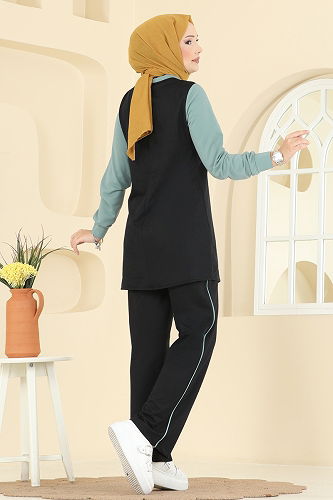 moda selvim Bağcık Taş Detaylı Takım 2750SL432 Mint&Siyah - Thumbnail