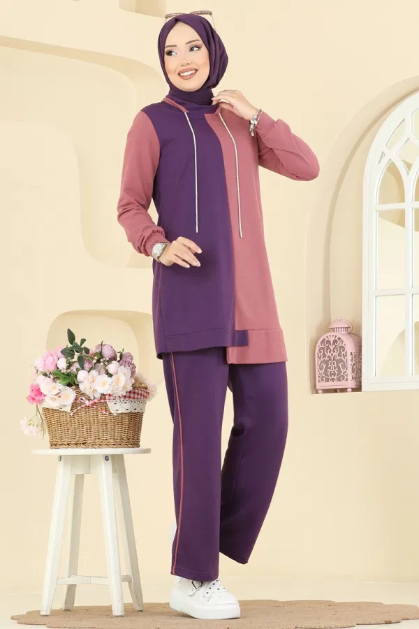 Modaselvim Kombin Bağcık Taş Detaylı Takım 2750SL432 Mürdüm