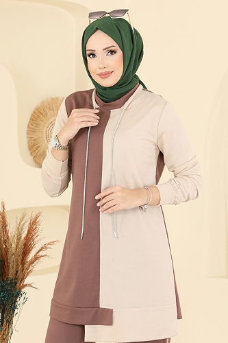 moda selvim Bağcık Taş Detaylı Takım 2750SL432 Pudra Vizyon - Thumbnail