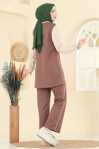 moda selvim Bağcık Taş Detaylı Takım 2750SL432 Pudra Vizyon - Thumbnail