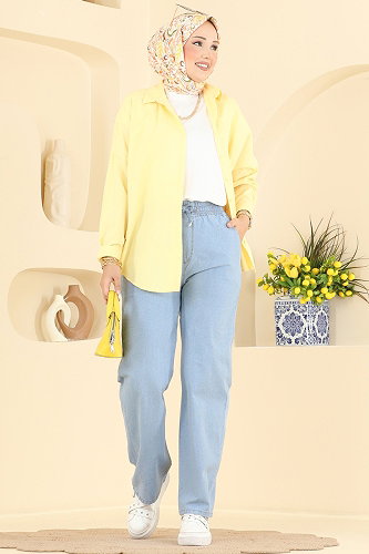 moda selvim Bağcıklı Beli Lastikli Pantolon 1006MT581 Açık Mavi - Thumbnail