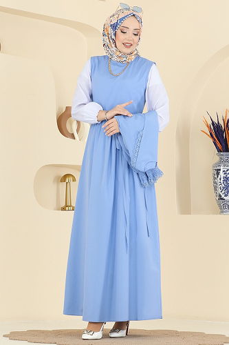 moda selvim Bağcıklı Dantel Detaylı Takım 324ASN888 Bebe Mavisi - Thumbnail