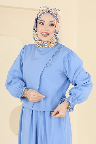 moda selvim Bağcıklı Dantel Detaylı Takım 324ASN888 Bebe Mavisi - Thumbnail