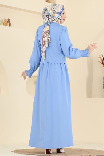 moda selvim Bağcıklı Dantel Detaylı Takım 324ASN888 Bebe Mavisi - Thumbnail