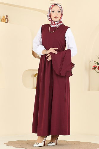 moda selvim Bağcıklı Dantel Detaylı Takım 324ASN888 Bordo - Thumbnail