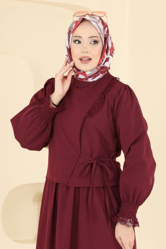 A.S.N. - Bağcıklı Dantel Detaylı Takım 324ASN888 Bordo