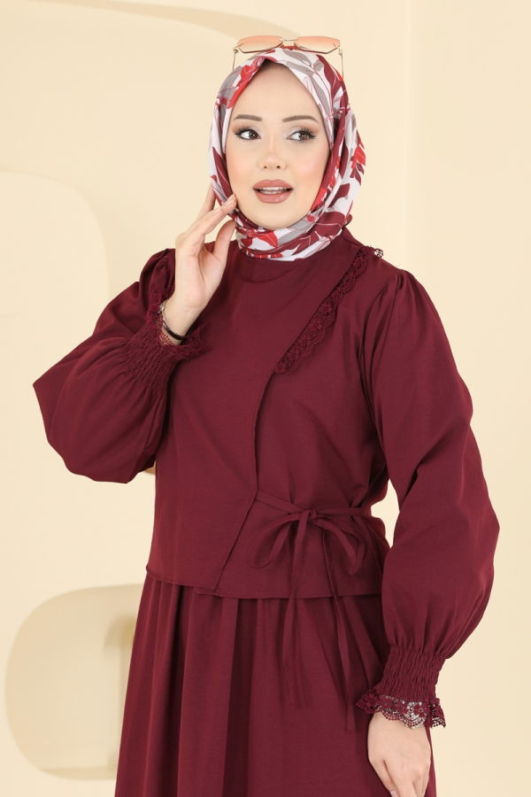 Modaselvim Kombin Bağcıklı Dantel Detaylı Takım 324ASN888 Bordo