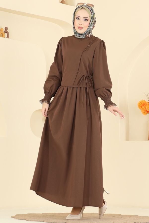 Modaselvim Kombin Bağcıklı Dantel Detaylı Takım 324ASN888 Kahve