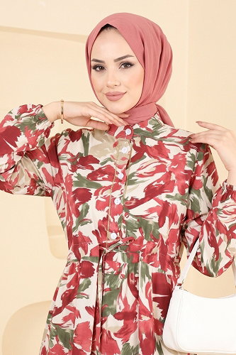 moda selvim Bağcıklı Düğmeli Modal Elbise 188NZRK1200 Desen 2 Bordo - Thumbnail