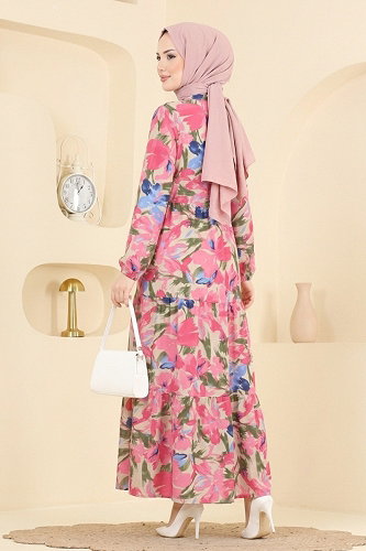 moda selvim Bağcıklı Düğmeli Modal Elbise 188NZRK1200 Desen 2 Pembe - Thumbnail