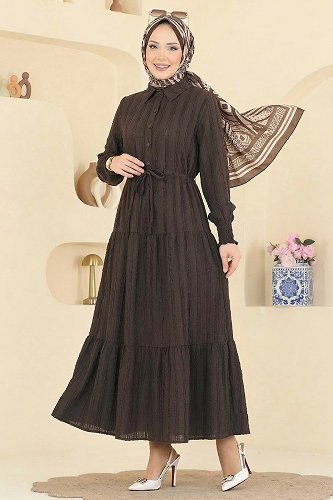 moda selvim Bağcıklı Gömlek Yaka Elbise 879ART1044-M Kahve - Thumbnail