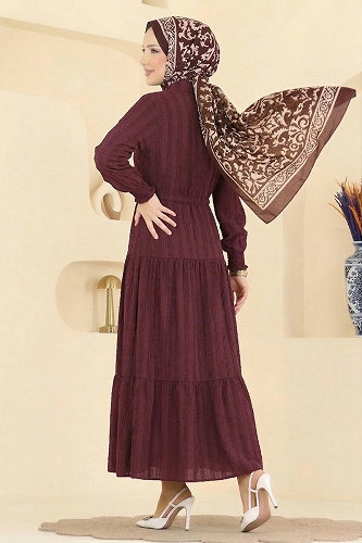 moda selvim Bağcıklı Gömlek Yaka Elbise 879ART1044-M Koyu Bordo - Thumbnail