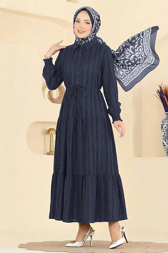 moda selvim Bağcıklı Gömlek Yaka Elbise 879ART1044-M Laci - Thumbnail