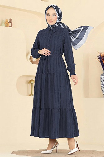 moda selvim Bağcıklı Gömlek Yaka Elbise 879ART1044-M Laci - Thumbnail