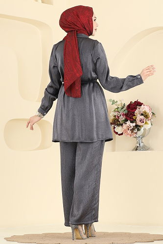 moda selvim Bağcıklı Parlak Bürümcük Takım 0352ERK1158 Antrasit - Thumbnail