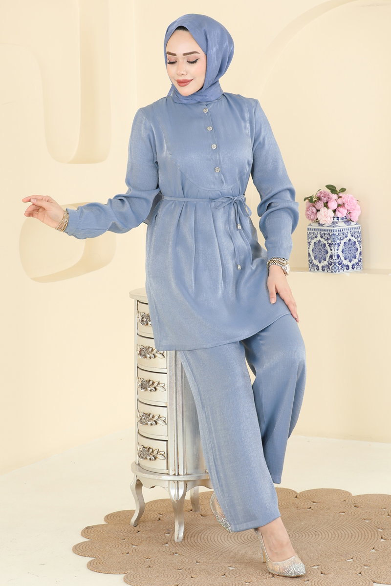 m❤︎ Bağcıklı Parlak Bürümcük Takım 0352ERK1158 Mavi - Moda Selvim