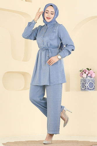 moda selvim Bağcıklı Parlak Bürümcük Takım 0352ERK1158 Mavi - Thumbnail