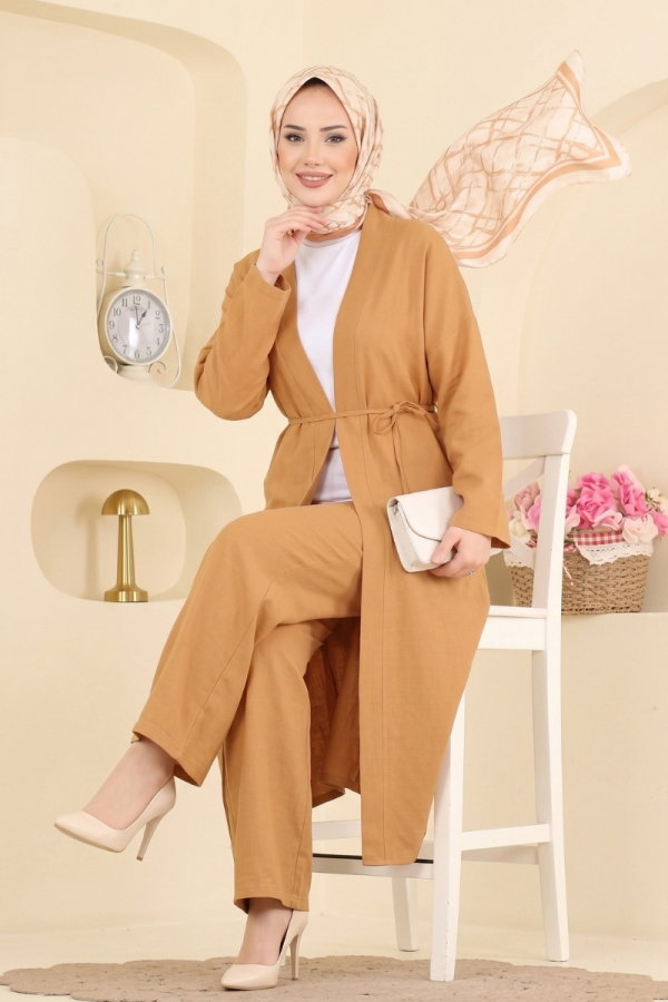 Modaselvim Kombin Bağcıklı Şal Yaka 2 li Takım 022ZMRK1203 Hardal