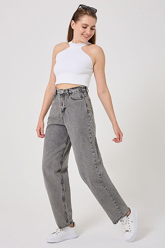 moda selvim Baggy Kadın Pantolon 4605DRN1148-M Yıkamalı Antrasit - Thumbnail