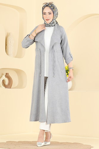 moda selvim Bağlama Detaylı Cepli Kap 8030MP806 Gri - Thumbnail