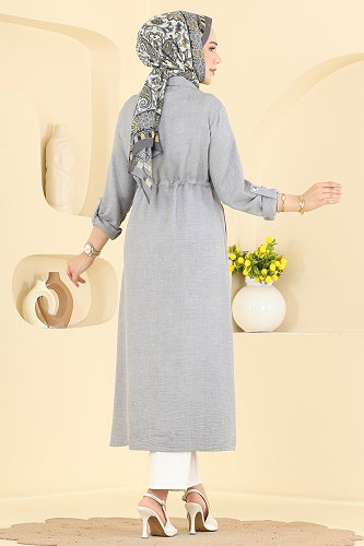 moda selvim Bağlama Detaylı Cepli Kap 8030MP806 Gri - Thumbnail