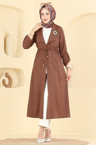 moda selvim Bağlama Detaylı Cepli Kap 8030MP806 Kahve - Thumbnail