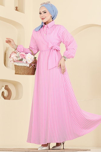 moda selvim Bağlama Detaylı Çizgili Elbise 120NZRK1200 Pembe - Thumbnail