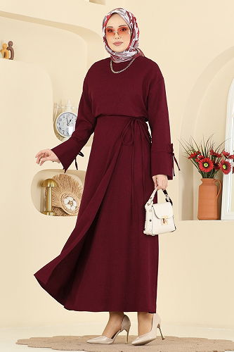 moda selvim Bağlama Detaylı Keten Takım 5090DNZ1187 Bordo - Thumbnail