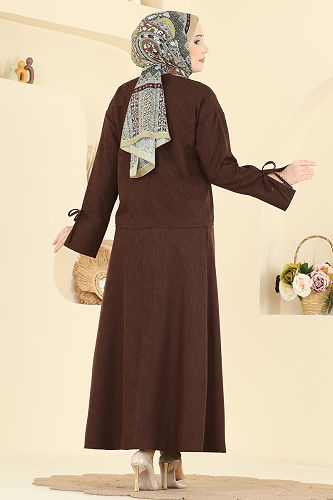 moda selvim Bağlama Detaylı Keten Takım 5090DNZ1187 Kahve - Thumbnail