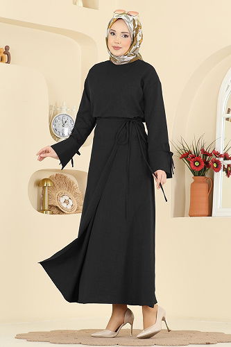 moda selvim Bağlama Detaylı Keten Takım 5090DNZ1187 Siyah - Thumbnail