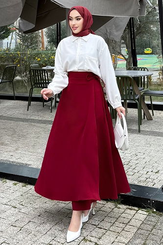 moda selvim Bağlama Detaylı Krep Etek 4697ALGK1170 Bordo - Thumbnail