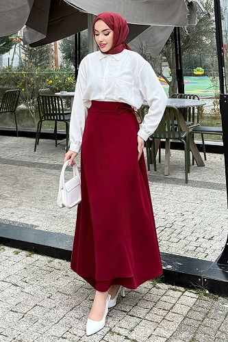 moda selvim Bağlama Detaylı Krep Etek 4697ALGK1170 Bordo - Thumbnail