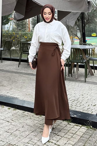 moda selvim Bağlama Detaylı Krep Etek 4697ALGK1170 Kahve - Thumbnail