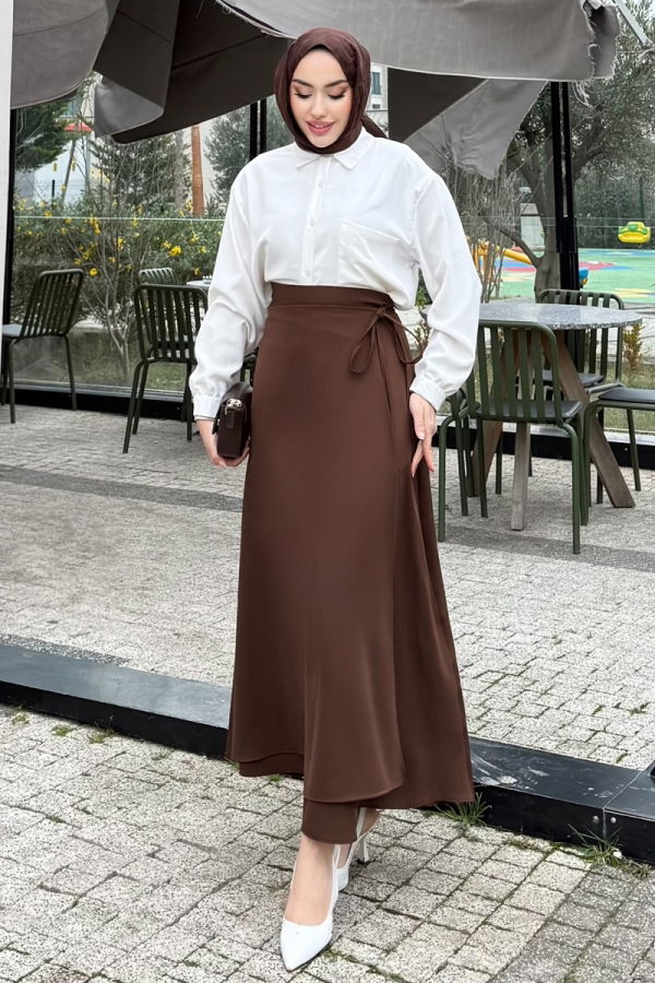 Modaselvim Etek Bağlama Detaylı Krep Etek 4697ALGK1170 Kahve