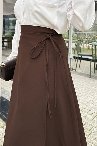 moda selvim Bağlama Detaylı Krep Etek 4697ALGK1170 Kahve - Thumbnail